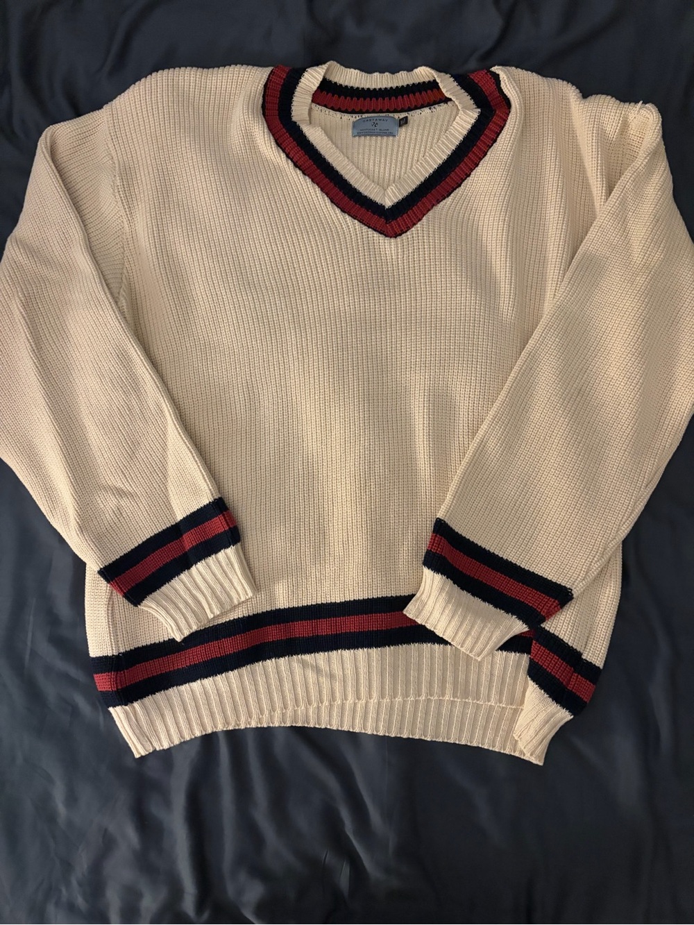 Castaway Cream V-Neck Sweater with Navy and Red Stripe Trim